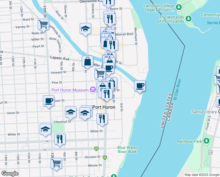 map of restaurants, bars, coffee shops, grocery stores, and more near 1026 Military Street in Port Huron
