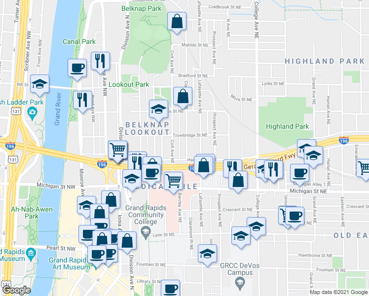 map of restaurants, bars, coffee shops, grocery stores, and more near 523 Clancy Avenue Northeast in Grand Rapids
