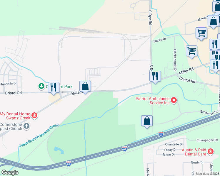 map of restaurants, bars, coffee shops, grocery stores, and more near 5472 Miller Road in Swartz Creek