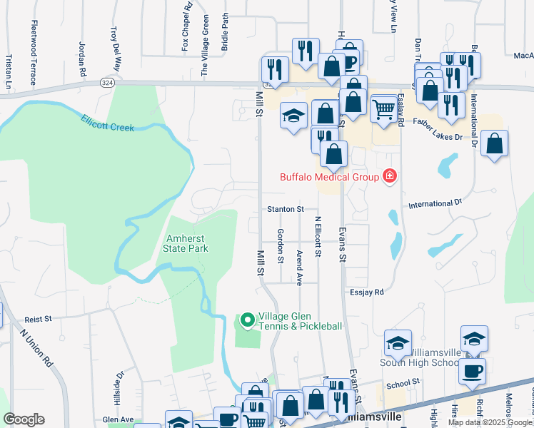 map of restaurants, bars, coffee shops, grocery stores, and more near 385 Mill Street in Williamsville