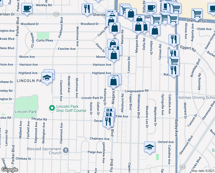 map of restaurants, bars, coffee shops, grocery stores, and more near 710 Niagara Falls Boulevard in Buffalo