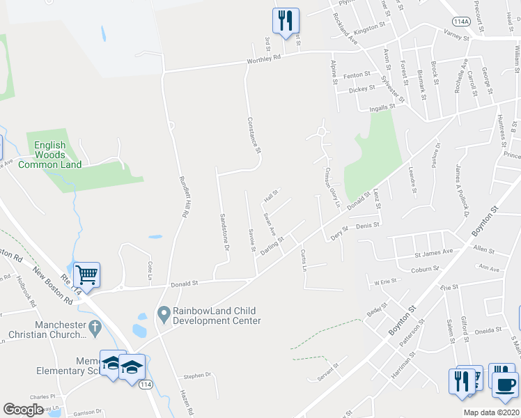 map of restaurants, bars, coffee shops, grocery stores, and more near 34 Swan Avenue in Bedford