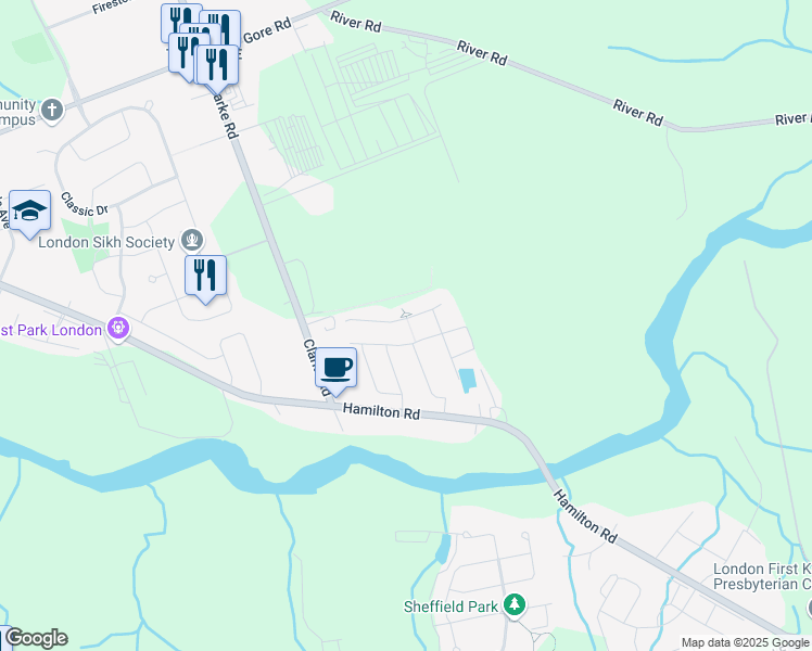 map of restaurants, bars, coffee shops, grocery stores, and more near 1933 Frederick Crescent in London