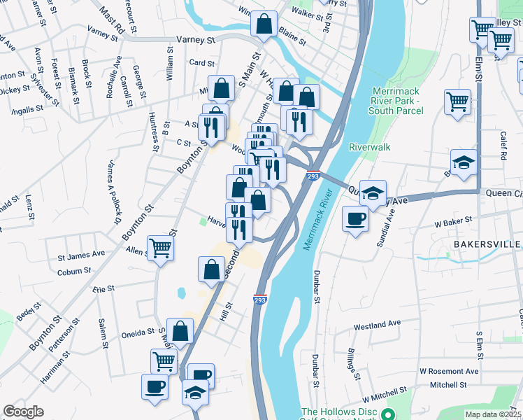 map of restaurants, bars, coffee shops, grocery stores, and more near 596 U.S. 3 in Manchester