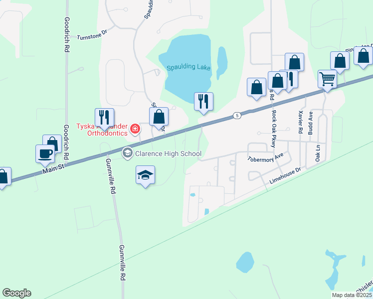 map of restaurants, bars, coffee shops, grocery stores, and more near 9745 Main Street in Clarence