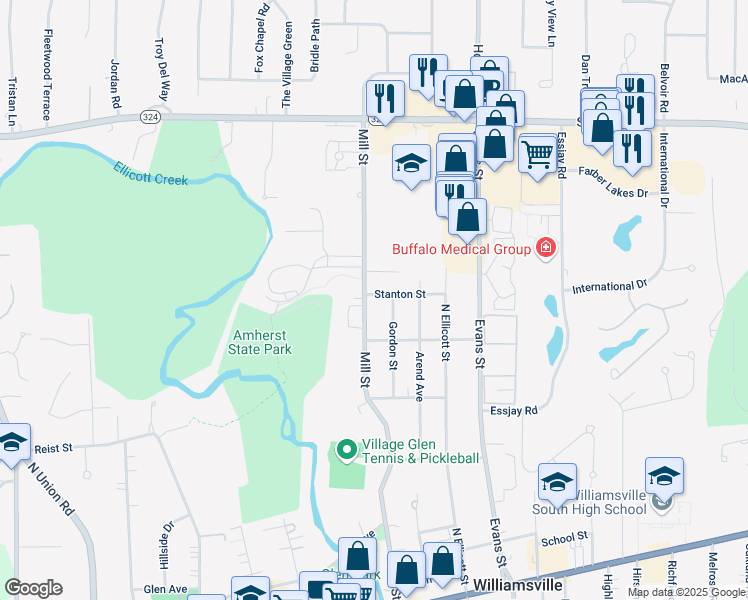 map of restaurants, bars, coffee shops, grocery stores, and more near 385 Mill Street in Williamsville
