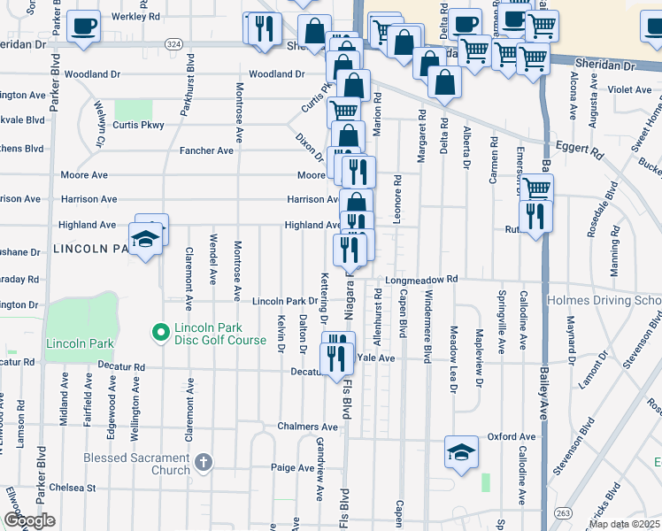 map of restaurants, bars, coffee shops, grocery stores, and more near 710 Niagara Falls Boulevard in Buffalo
