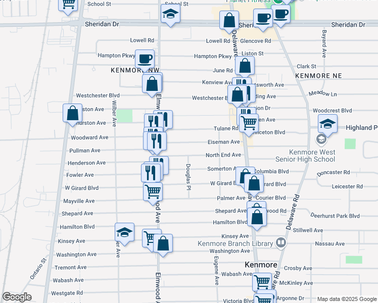 map of restaurants, bars, coffee shops, grocery stores, and more near 125 North End Avenue in Buffalo