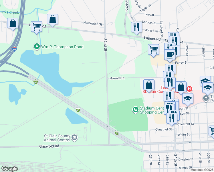 map of restaurants, bars, coffee shops, grocery stores, and more near 801-823 32nd Street in Port Huron