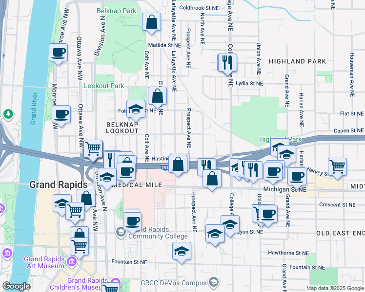 map of restaurants, bars, coffee shops, grocery stores, and more near 547 Lafayette Avenue Northeast in Grand Rapids