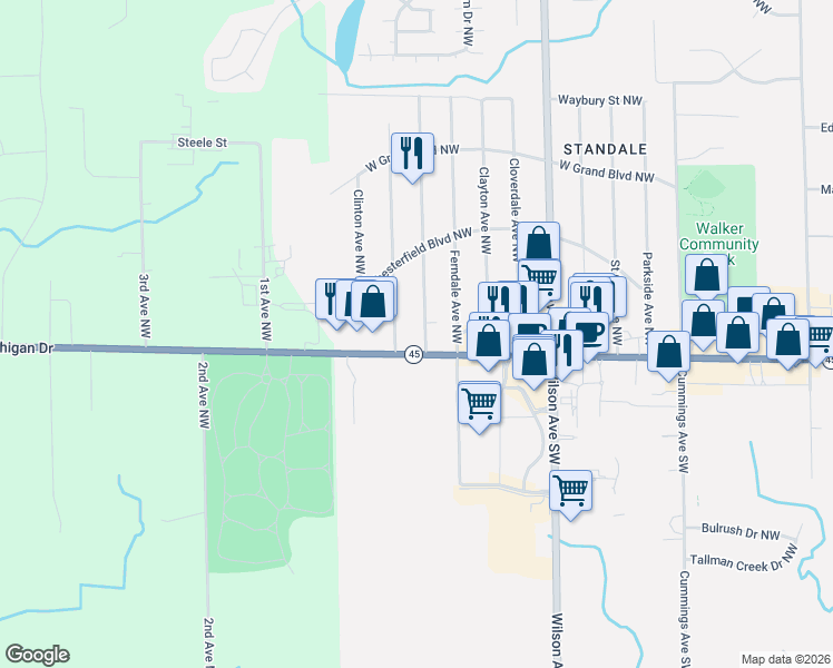 map of restaurants, bars, coffee shops, grocery stores, and more near 444 Lasalle Avenue Northwest in Grand Rapids