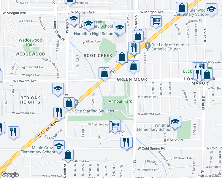 map of restaurants, bars, coffee shops, grocery stores, and more near 3904 South Tara Hill Drive in Greenfield