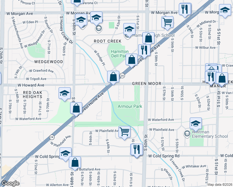 map of restaurants, bars, coffee shops, grocery stores, and more near 3904 South Tara Hill Drive in Greenfield