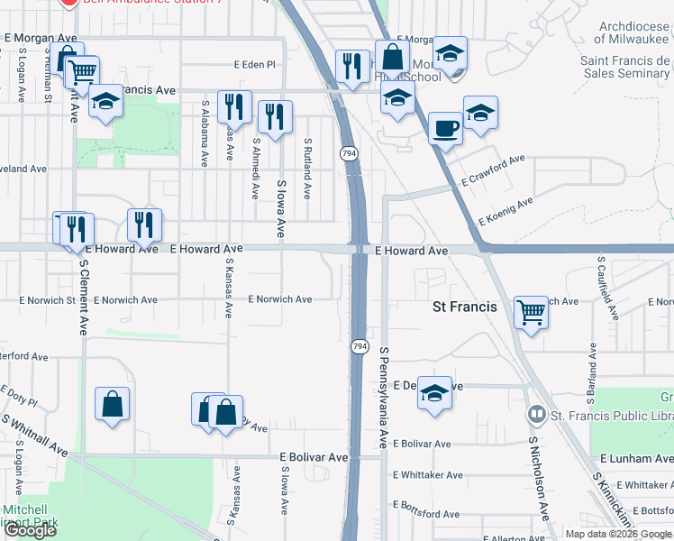 map of restaurants, bars, coffee shops, grocery stores, and more near 2206 East Howard Avenue in Saint Francis
