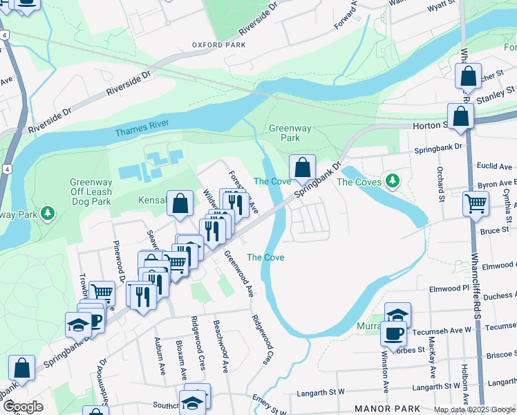 map of restaurants, bars, coffee shops, grocery stores, and more near 188 Forest Hill Avenue in London