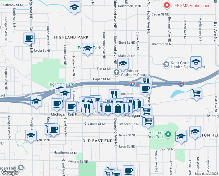 map of restaurants, bars, coffee shops, grocery stores, and more near 520 Tuttle Avenue Northeast in Grand Rapids