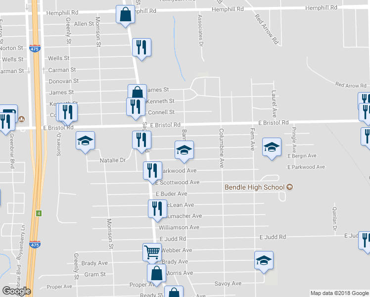 map of restaurants, bars, coffee shops, grocery stores, and more near 4045 Barnes Avenue in Burton