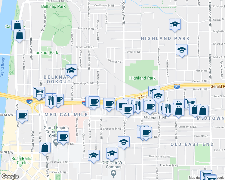map of restaurants, bars, coffee shops, grocery stores, and more near 529 Sinclair Avenue Northeast in Grand Rapids
