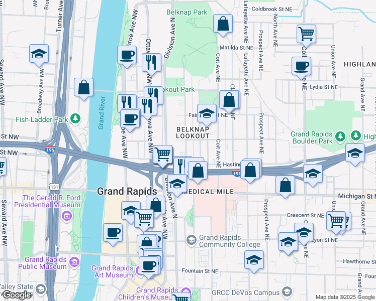map of restaurants, bars, coffee shops, grocery stores, and more near 528 Fairview Avenue Northeast in Grand Rapids