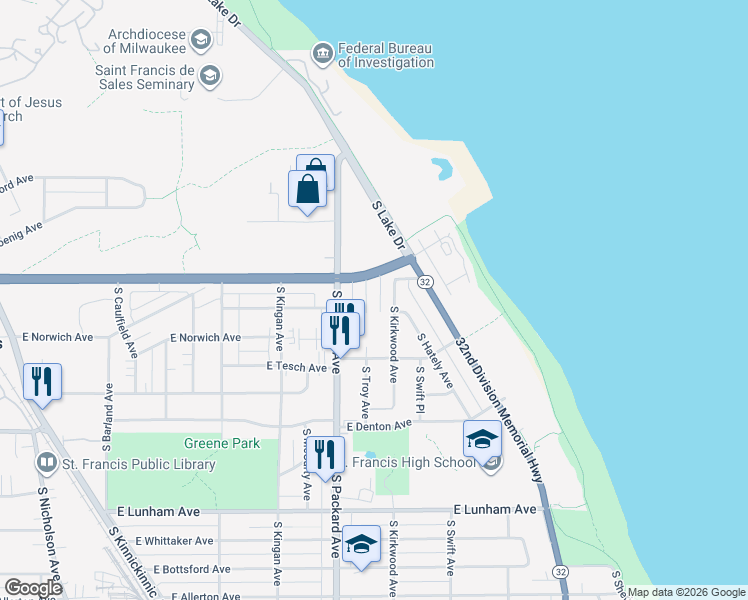 map of restaurants, bars, coffee shops, grocery stores, and more near 3901 Martin Lane in Saint Francis
