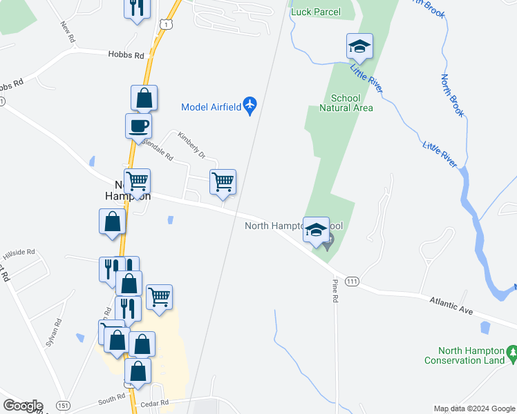 map of restaurants, bars, coffee shops, grocery stores, and more near 221 Atlantic Avenue in North Hampton