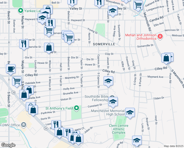 map of restaurants, bars, coffee shops, grocery stores, and more near 654 Cilley Road in Manchester