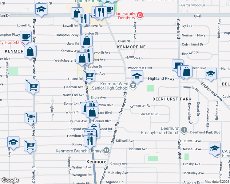 map of restaurants, bars, coffee shops, grocery stores, and more near 118 Kenton Road in Buffalo