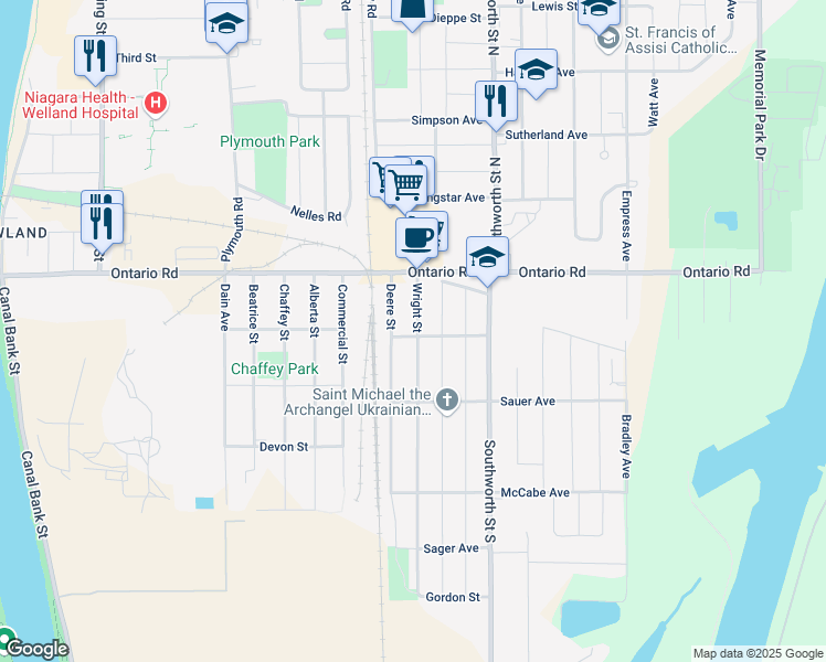 map of restaurants, bars, coffee shops, grocery stores, and more near 61 Wright Street in Welland