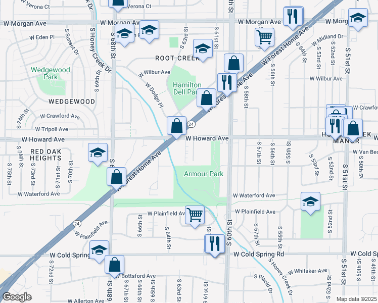 map of restaurants, bars, coffee shops, grocery stores, and more near 3904 South Tara Hill Drive in Greenfield