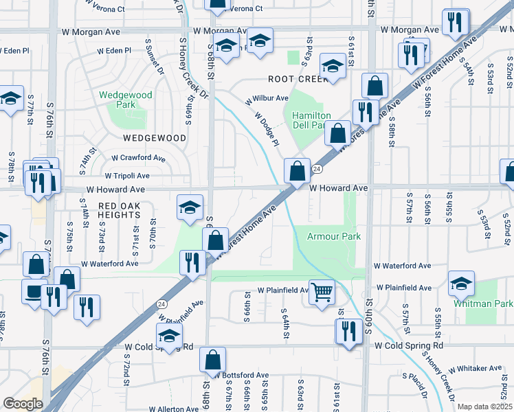map of restaurants, bars, coffee shops, grocery stores, and more near 6483 West Howard Avenue in Milwaukee