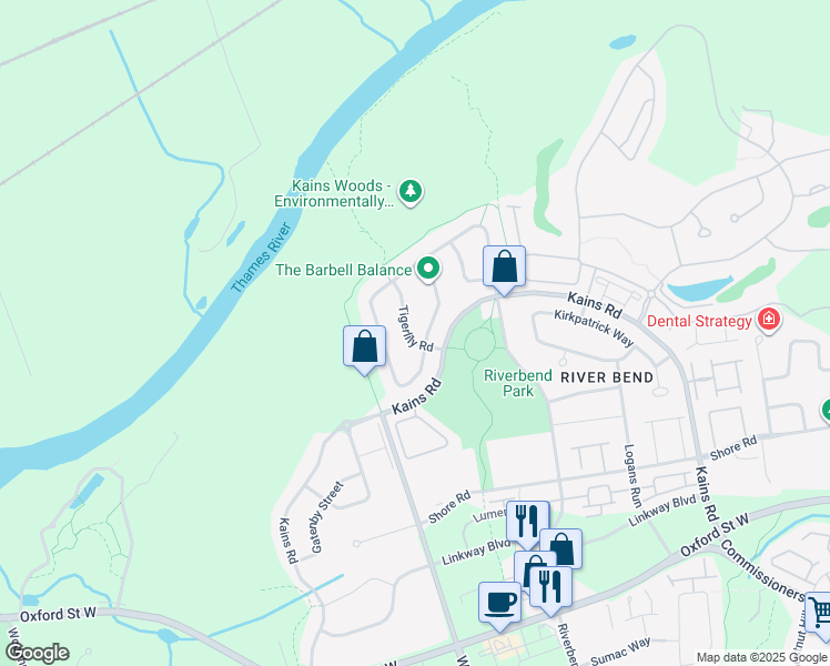 map of restaurants, bars, coffee shops, grocery stores, and more near 1734 Tigerlily Road in London