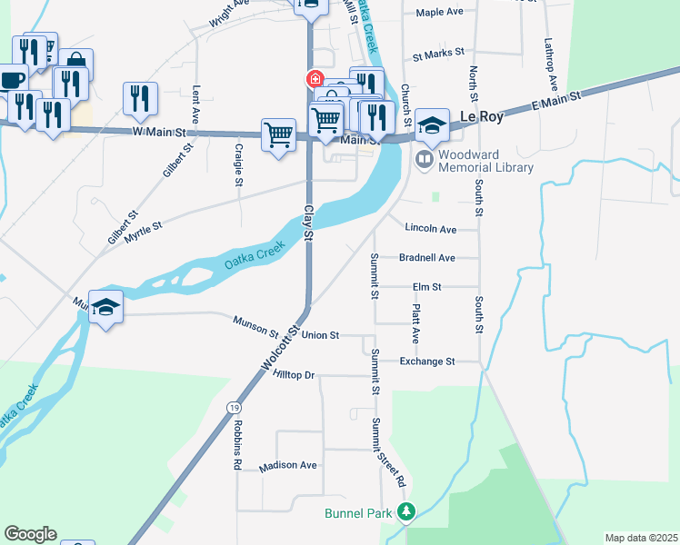 map of restaurants, bars, coffee shops, grocery stores, and more near Wolcott Street in Le Roy