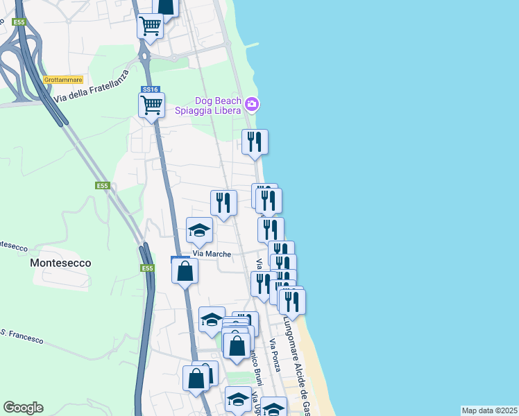 map of restaurants, bars, coffee shops, grocery stores, and more near 120 Lungomare Alcide de Gasperi in Grottammare