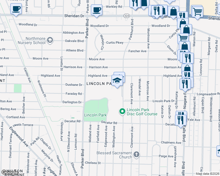 map of restaurants, bars, coffee shops, grocery stores, and more near 500 Parkhurst Boulevard in Buffalo