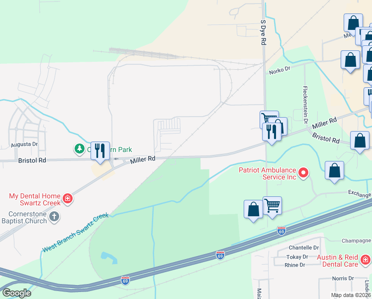 map of restaurants, bars, coffee shops, grocery stores, and more near 5472 Miller Road in Swartz Creek
