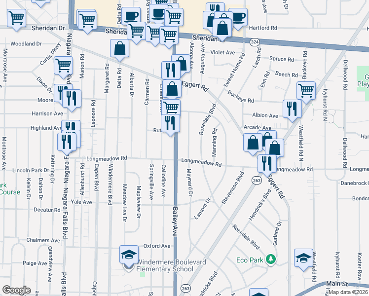 map of restaurants, bars, coffee shops, grocery stores, and more near 450 Maynard Drive in Buffalo