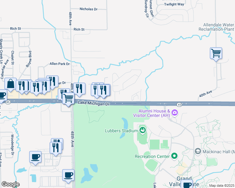map of restaurants, bars, coffee shops, grocery stores, and more near 4406 Knollwood Drive in Allendale Charter Township