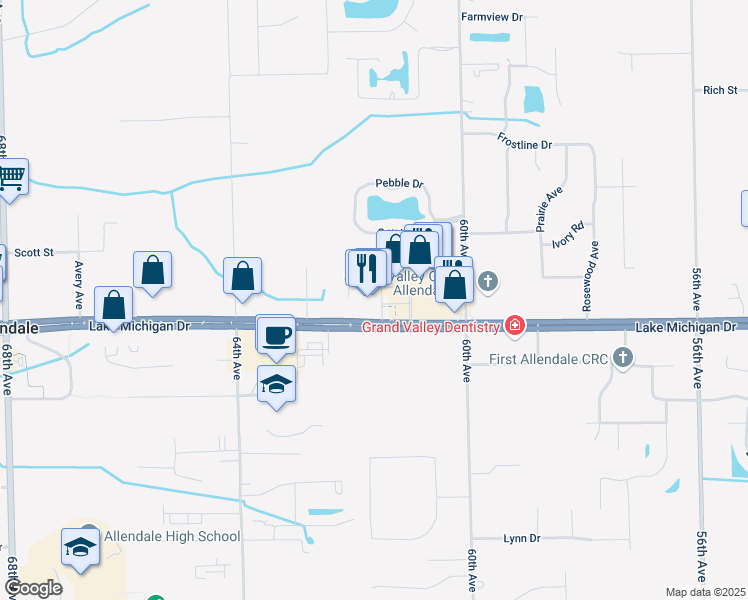 map of restaurants, bars, coffee shops, grocery stores, and more near 6163 Lake Michigan Drive in Allendale Charter Township