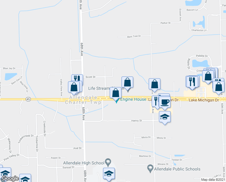 map of restaurants, bars, coffee shops, grocery stores, and more near 6633 Lake Michigan Drive in Allendale