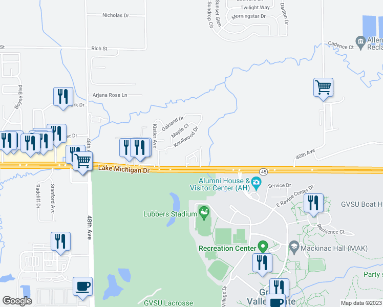 map of restaurants, bars, coffee shops, grocery stores, and more near 4439 Lake Michigan Dr in Allendale Charter Township