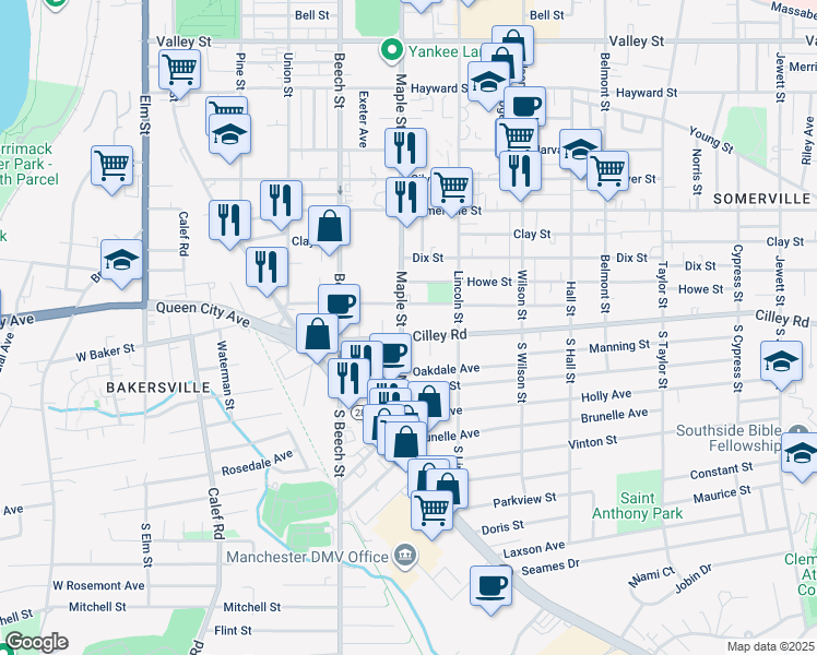 map of restaurants, bars, coffee shops, grocery stores, and more near 407 Shasta Street in Manchester