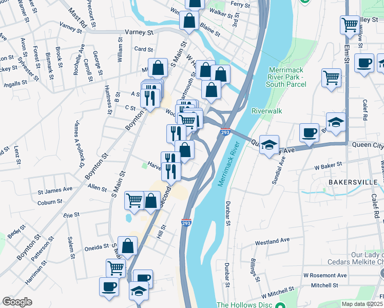 map of restaurants, bars, coffee shops, grocery stores, and more near 596 U.S. 3 in Manchester