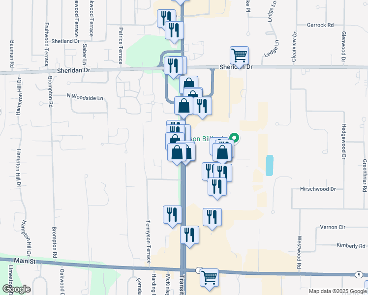 map of restaurants, bars, coffee shops, grocery stores, and more near 7530 Transit Road in Buffalo
