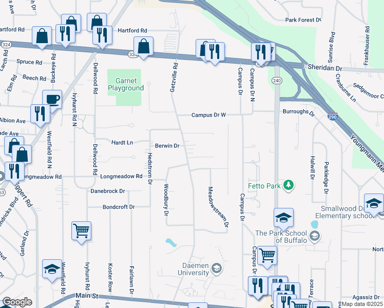 map of restaurants, bars, coffee shops, grocery stores, and more near 361 Getzville Road in Buffalo