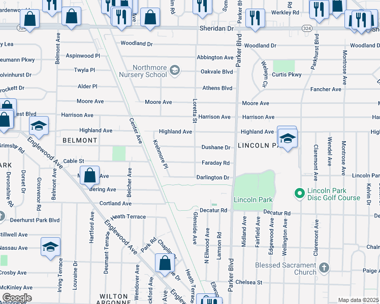 map of restaurants, bars, coffee shops, grocery stores, and more near 306 Dushane Drive in Buffalo