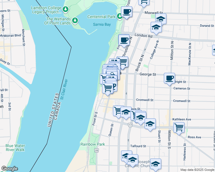 map of restaurants, bars, coffee shops, grocery stores, and more near 228 Front Street North in Sarnia