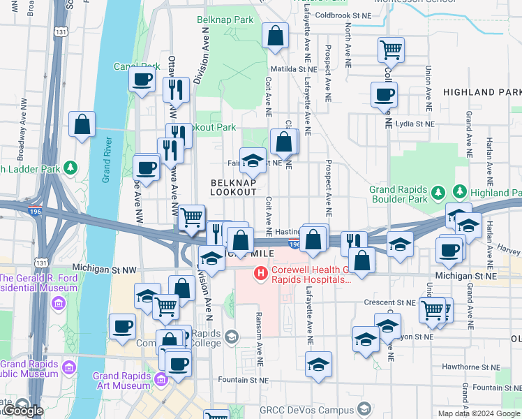 map of restaurants, bars, coffee shops, grocery stores, and more near 118 Trowbridge Street Northeast in Grand Rapids