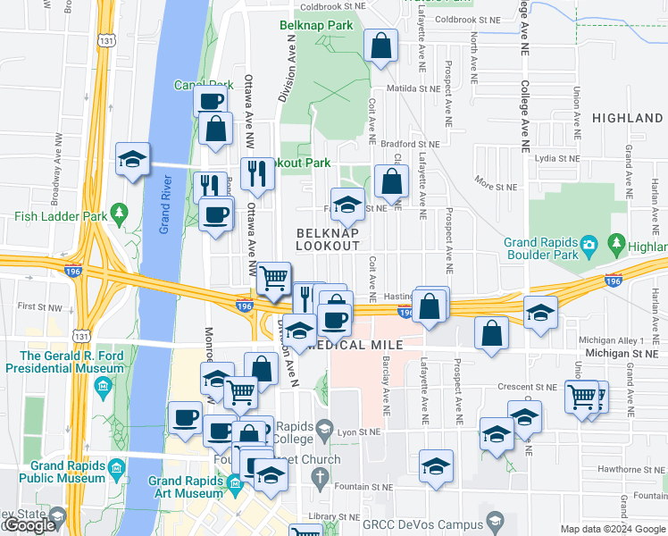 map of restaurants, bars, coffee shops, grocery stores, and more near in Grand Rapids