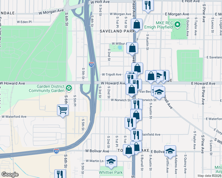 map of restaurants, bars, coffee shops, grocery stores, and more near 207 West Howard Avenue in Milwaukee
