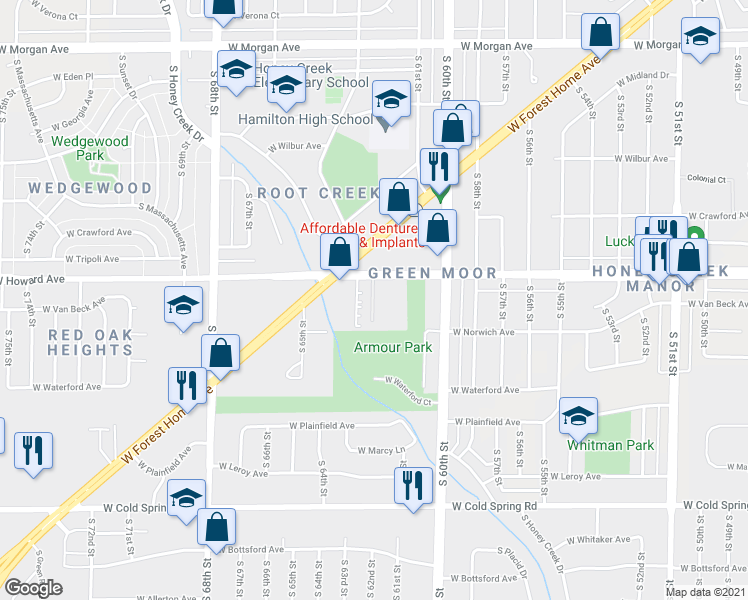map of restaurants, bars, coffee shops, grocery stores, and more near 3946 South Tara Hill Drive in Greenfield